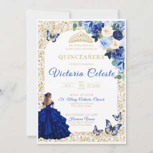 Royal Blue Gold Butterfly Floral Quinceañera Invit