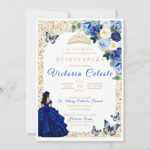 Royal Blue Gold Butterfly Floral Quinceañera Invit