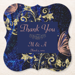 Royal Blue Gold Butterfly Wedding Paper Coaster