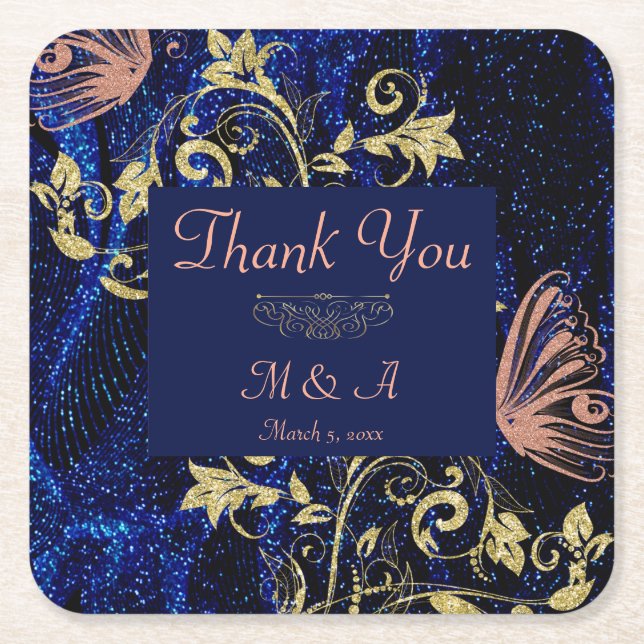 Royal Blue Gold Butterfly Wedding Square Paper Coaster (Front)