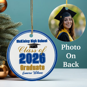 Royal Blue Gold Class of 2026 Graduation Photo Ceramic Ornament