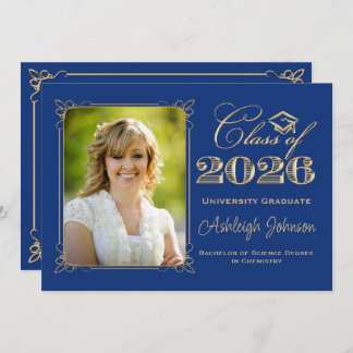 Royal Blue, Gold Class of 2026 Photo Graduation Invitation