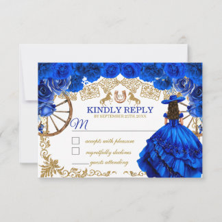 Royal Blue Gold Cowboy Horse Quinceañera RSVP Card