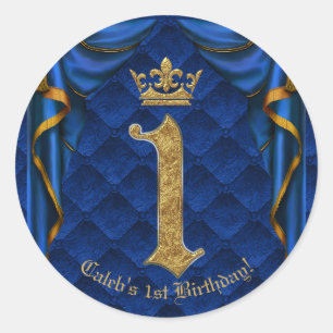 Royal Blue & Gold Crown 1 1ST Birthday Party Classic Round Sticker