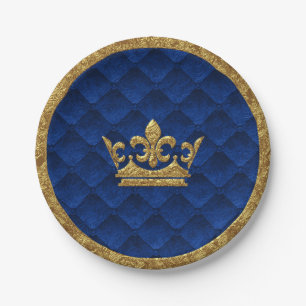 Royal Blue & Gold Crown Elegant Royal Storybook Paper Plate