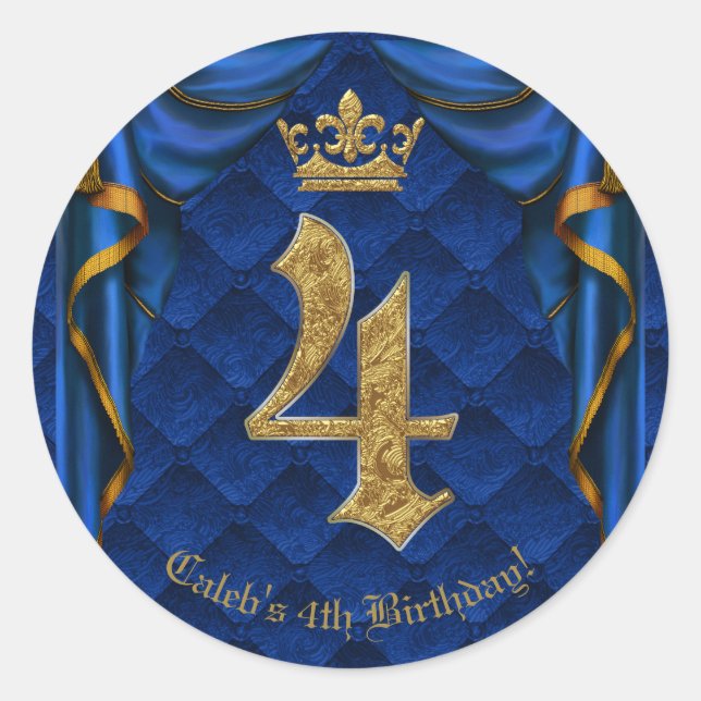 Royal Blue & Gold Crown FOUR 4 4th Birthday Party Classic Round Sticker (Front)