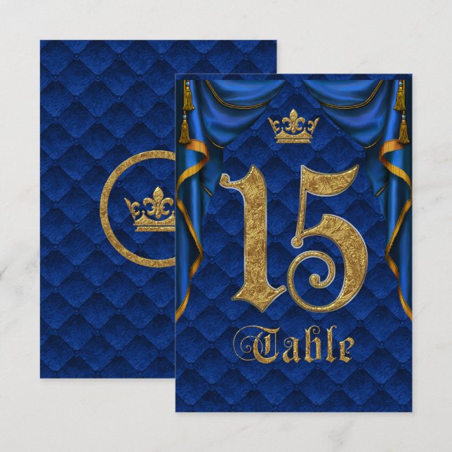 Royal Blue Gold Crown Mariage Numéro de Table 15 (Devant / Derrière)