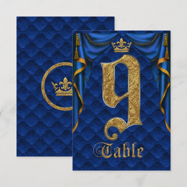 Royal Blue Gold Crown Mariage Numéro de Table 9 (Devant / Derrière)