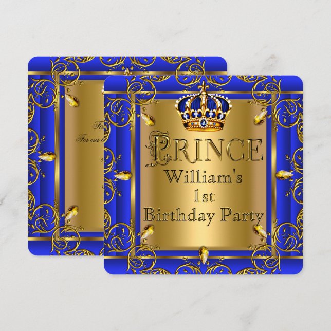 Royal Blue Gold Crown Prince 1st Birthday Boys 2 Invitation (Front/Back)