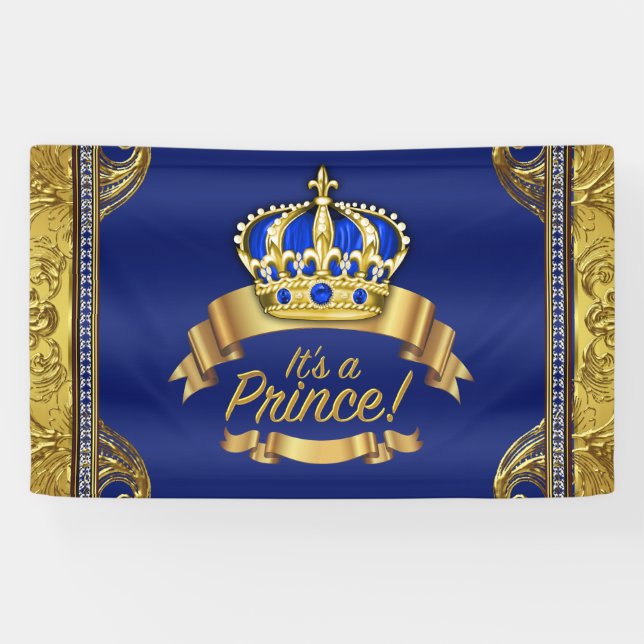 Royal Blue Gold Crown Prince Baby Shower Banner (Horizontal)