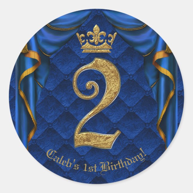 Royal Blue & Gold Crown Two 2 2ND Birthday Party  Classic Round Sticker (Front)