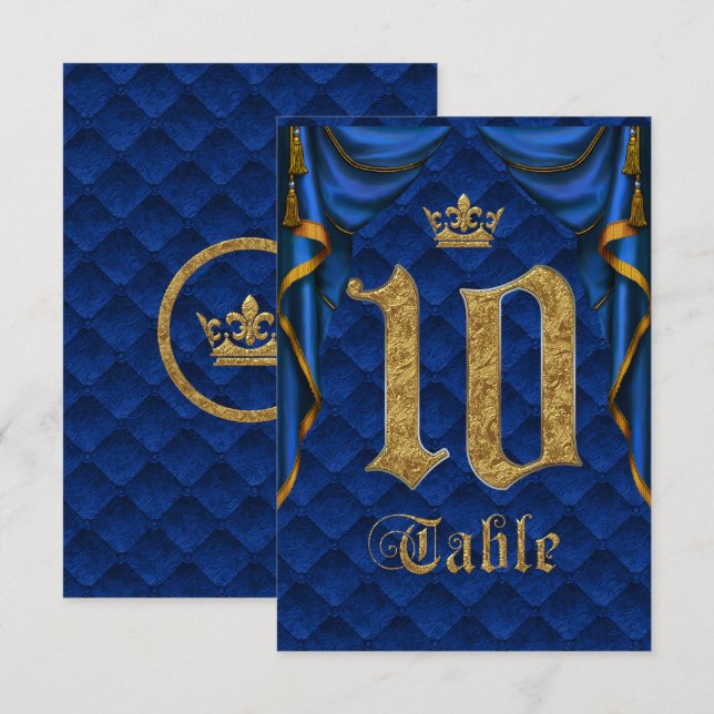Royal Blue Gold Crown Wedding Table Number 10 (Front/Back)
