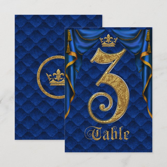 Royal Blue Gold Crown Wedding Table Number 3 (Front/Back)