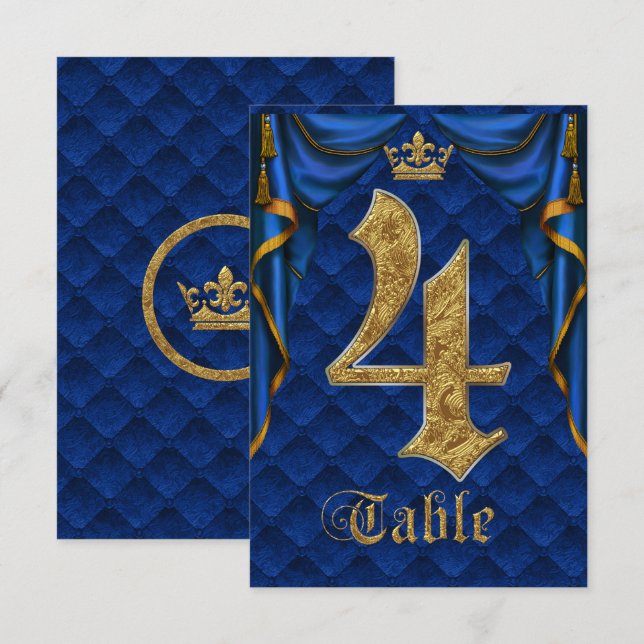 Royal Blue Gold Crown Wedding Table Number 4 (Front/Back)