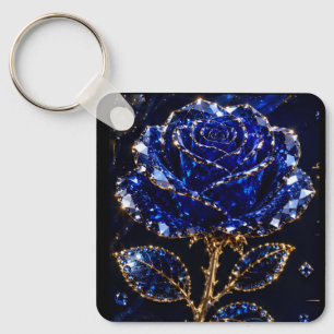 Royal Blue Gold Crystal Rose Keychain