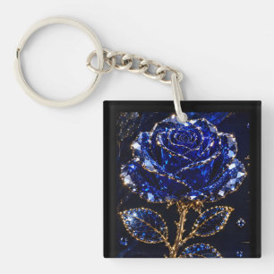 Royal Blue Gold Crystal Rose Keychain