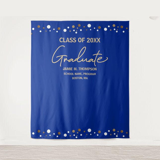Royal Blue Gold Custom Year backdrop graduation Tapestry (Front)