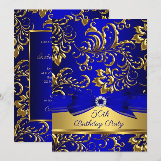 Royal Blue Gold Damask 50th birthday party Invitation (Front/Back)