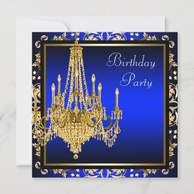 Royal Blue Gold Damask Chandelier Birthday Party Invitation (Front)