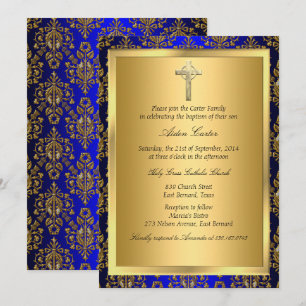 Royal Blue & Gold Damask Cross Baptism Invitation