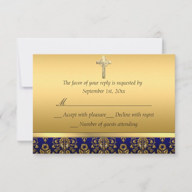 Royal Blue & Gold Damask Cross Baptism RSVP Card (Front)