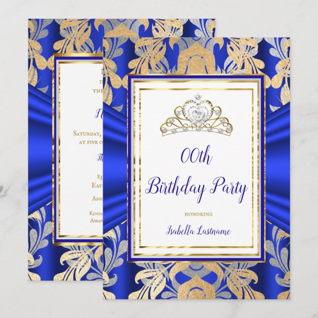 ROYAL Blue Gold Damask Grey Tiara Birthday Party Invitation (Front/Back)