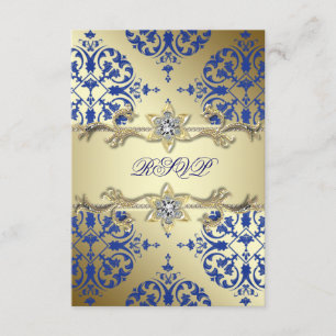Royal Blue Gold Damask RSVP Card