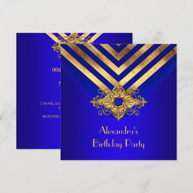 Royal Blue Gold Deco Stripe Birthday Party Invitation (Front/Back)