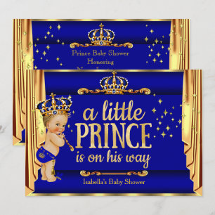 Royal Blue Gold Drapes Prince Baby Shower Blonde Invitation