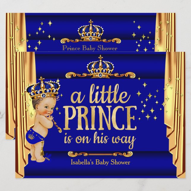 Royal Blue Gold Drapes Prince Baby Shower large Invitation (Front/Back)