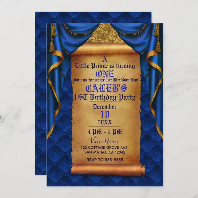 Royal Blue Gold Drapes Scroll 1st Birthday Party Invitation (Front/Back)