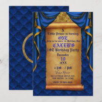 Royal Blue Gold Drapes Scroll 1st Birthday Party