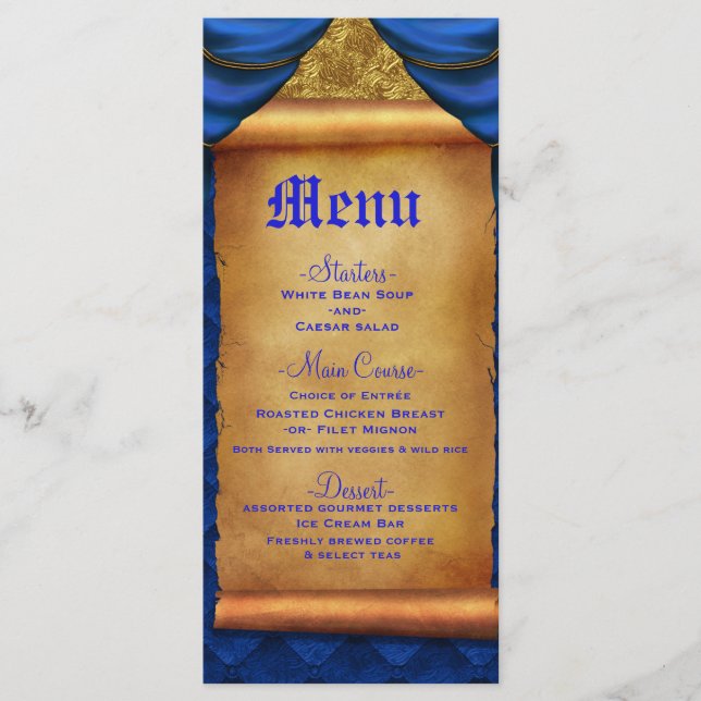 Royal Blue Gold Drapes Scroll Menu Mariage (Devant)