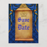 Royal Blue Gold Drapes Scroll Wedding Save Date