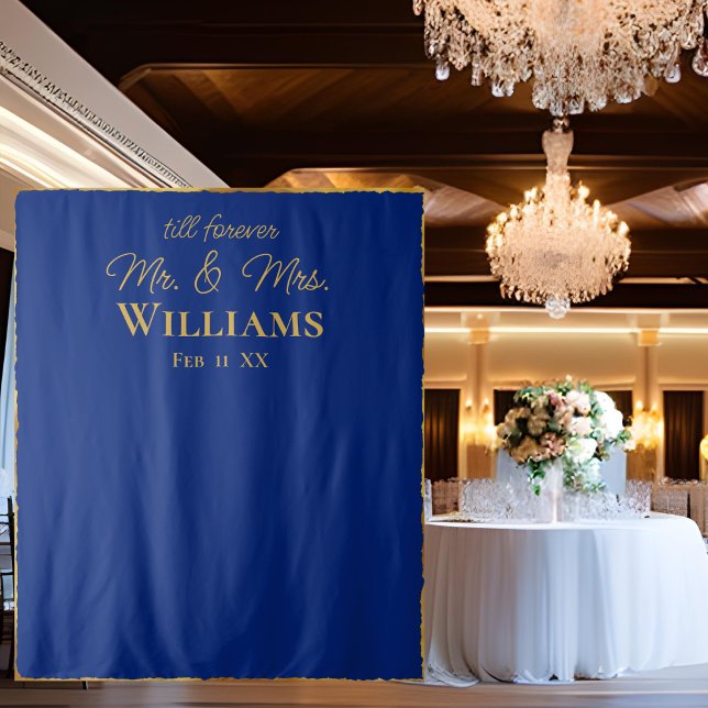 Royal Blue Gold Edge Mr Mrs Wedding Wall Backdrop Tapestry (Creator Uploaded)