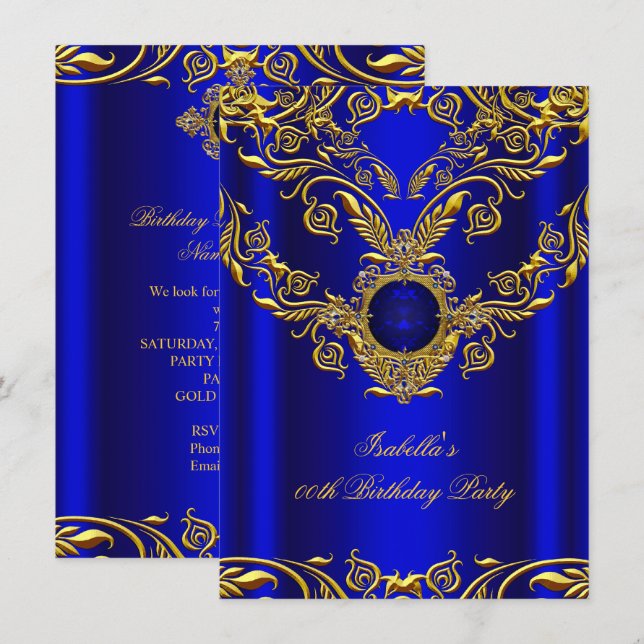 Royal Blue Gold Elegant Elite Birthday Party 2 Invitation (Front/Back)
