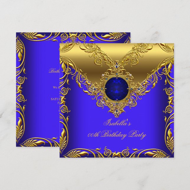 Royal Blue Gold Elegant Elite Birthday Party 2 Invitation (Front/Back)