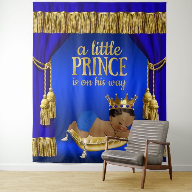 Royal Blue Gold Ethnic Prince Baby Shower Backdrop Tapestry (In Situ)
