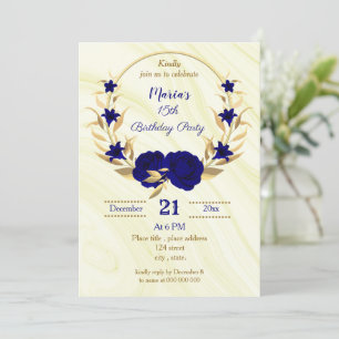 royal blue gold floral birthday invitation