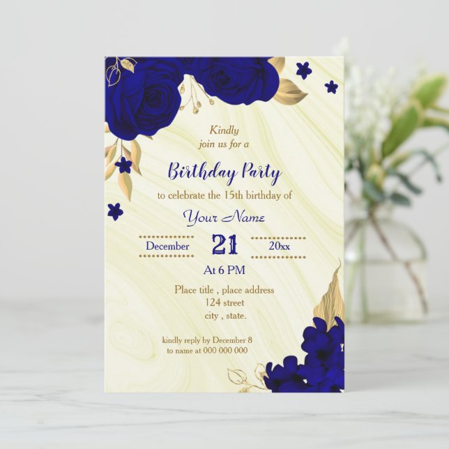 royal blue gold floral birthday party invitation (Standing Front)