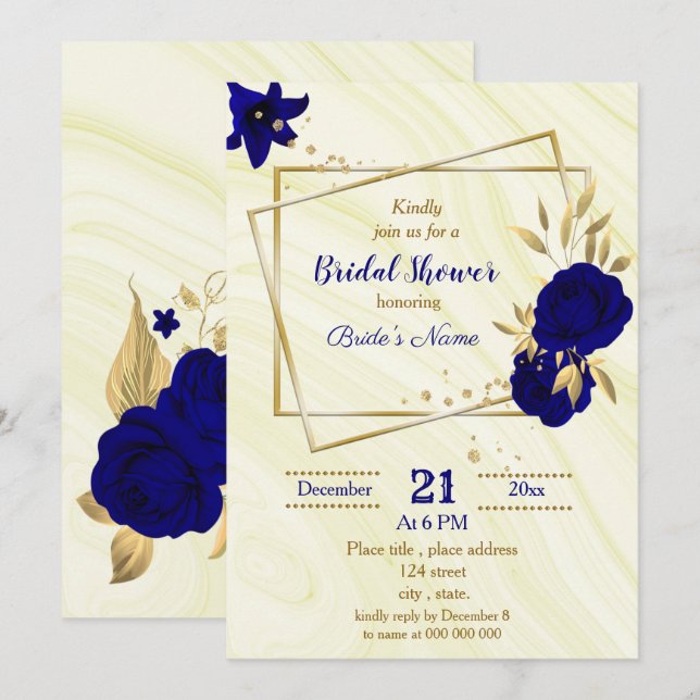 royal blue gold floral bridal shower invitation (Front/Back)