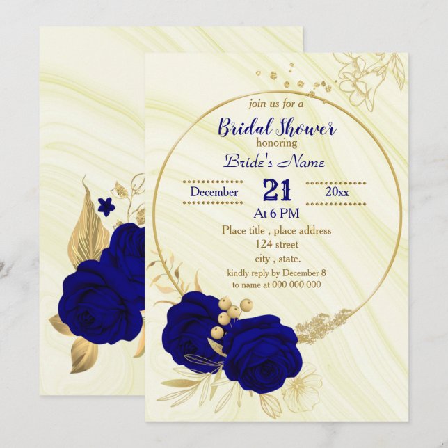 royal blue gold floral bridal shower invitation (Front/Back)