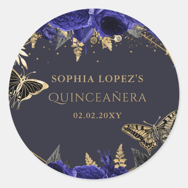 Royal Blue Gold Floral Butterflies Quinceanera  Classic Round Sticker (Front)