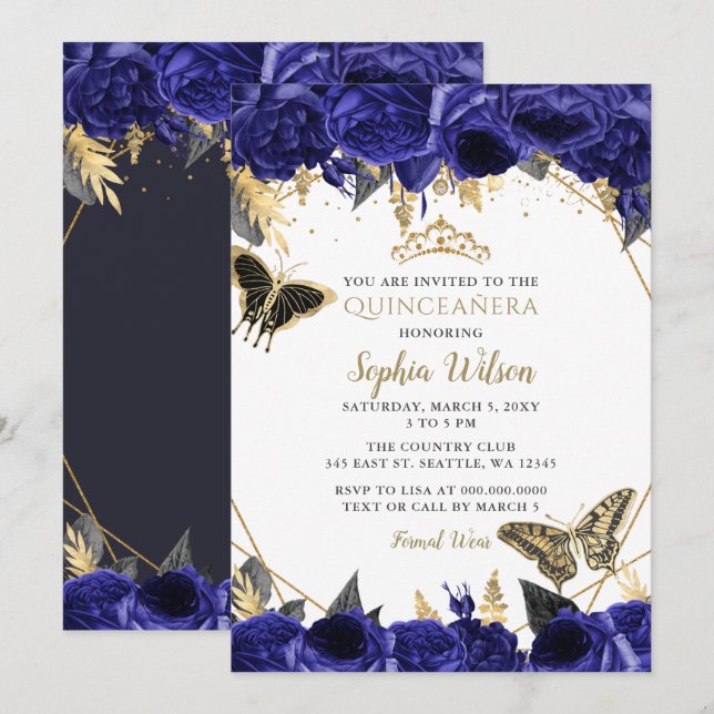 Royal Blue Gold Floral Butterfly Quinceañera   Invitation (Front/Back)