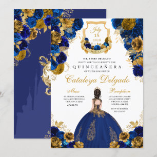 Royal Blue & Gold Floral Elegant Quinceañera Invitation