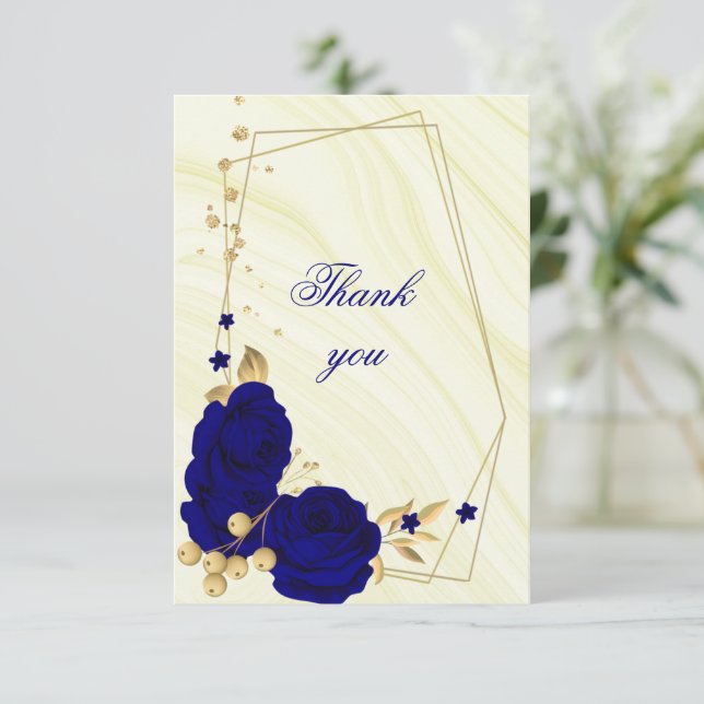royal blue gold floral geometric thank you card (Standing Front)