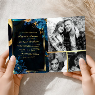 Royal Blue Gold Floral Marble QR Code Wedding Invitation