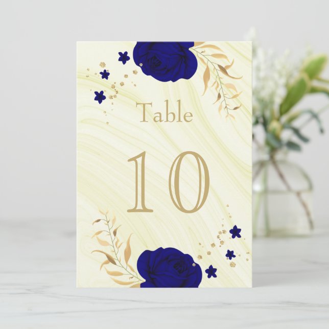 royal blue gold floral marble table number (Standing Front)