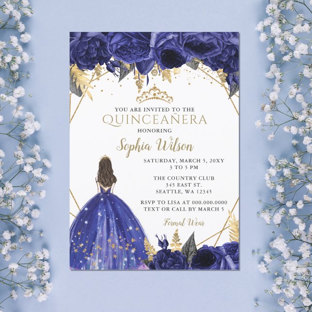 Royal Blue Gold Floral Princess Quinceañera Invita Invitation (Royal Blue Floral Princess Invitation)