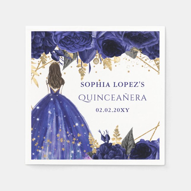 Royal Blue Gold Floral Princess Quinceanera  Napkin (Front)